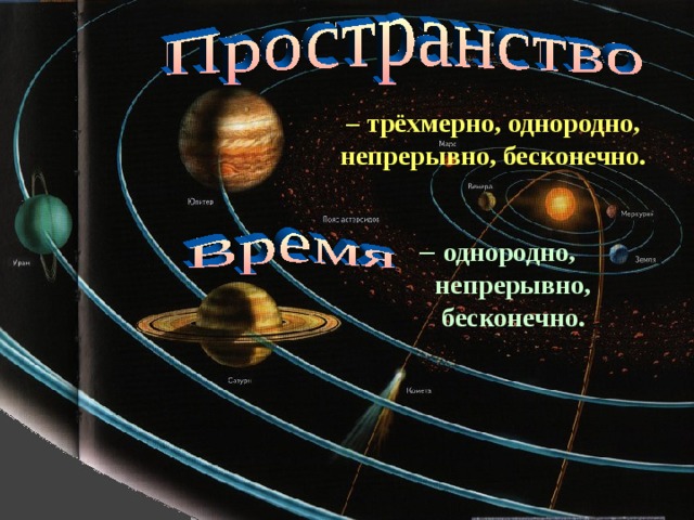 – трёхмерно, однородно, непрерывно, бесконечно.  – однородно,  непрерывно,  бесконечно. 