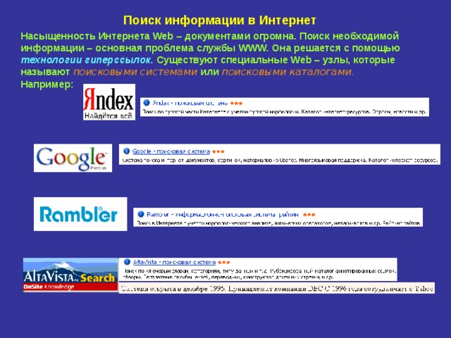 Поиск информации в Интернет Насыщенность Интернета Web – документами огромна. Поиск необходимой информации – основная проблема службы WWW. Она решается с помощью технологии гиперссылок. Существуют специальные Web – узлы, которые называют поисковыми системами или поисковыми каталогами.   Например: 