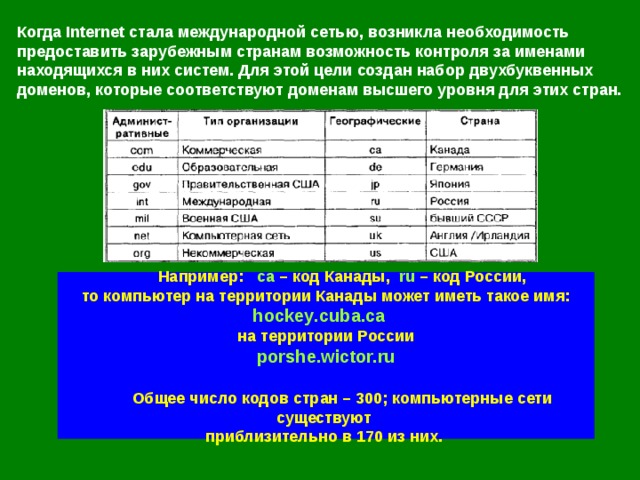 Когда Internet стала международной сетью, возникла необходимость  предоставить зарубежным странам возможность контроля за именами  находящихся в них систем. Для этой цели создан набор двухбуквенных  доменов, которые соответствуют доменам высшего уровня для этих стран. Например: ca  – код Канады,  ru – код России,  то компьютер на территории Канады может иметь такое имя:   hockey . cuba . ca   на территории России  porshe.wictor.ru   Общее число кодов стран – 300; компьютерные сети существуют  приблизительно в 170 из них. 