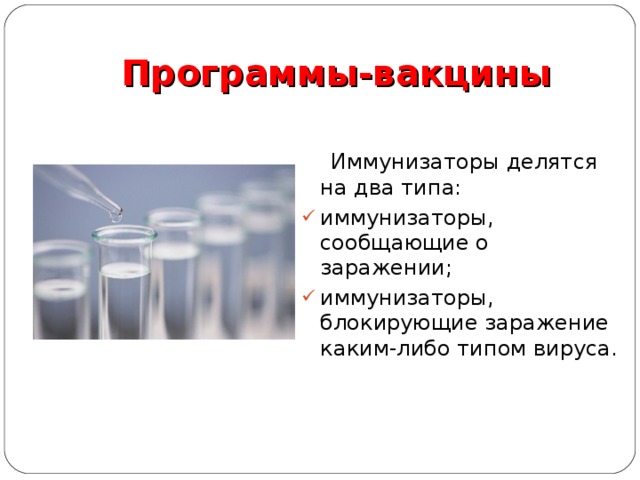 Программы-вакцины  Иммунизаторы делятся на два типа: иммунизаторы, сообщающие о заражении; иммунизаторы, блокирующие заражение каким-либо типом вируса. 