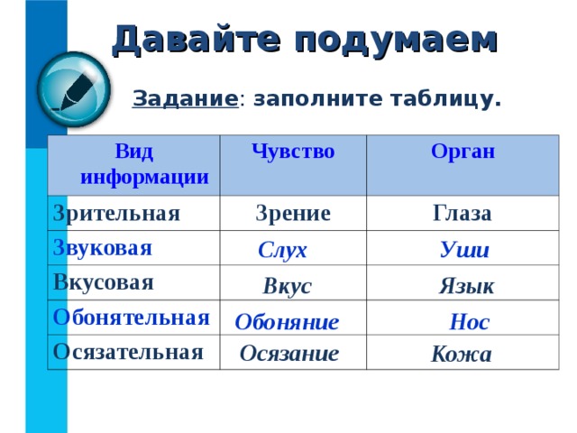 Давайте подумаем Задание : заполните таблицу. Вид информации Чувство Зрительная Орган Зрение Звуковая  Глаза Вкусовая Обонятельная  Осязательная    Слух Уши Вкус Язык Обоняние Нос Осязание Кожа 