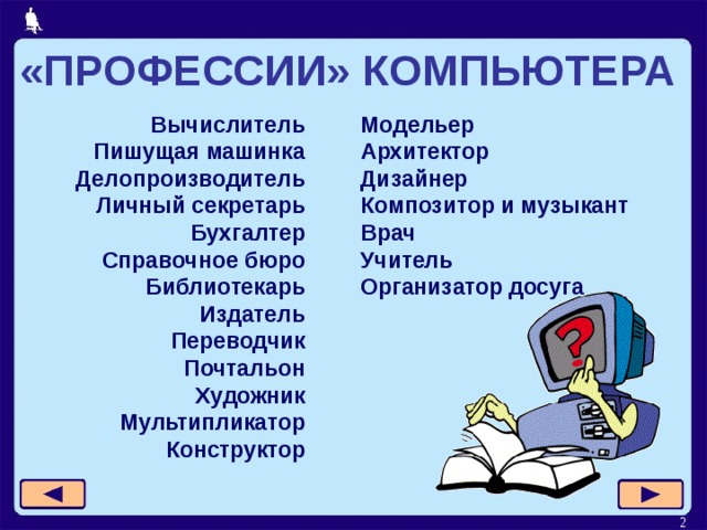 «ПРОФЕССИИ» КОМПЬЮТЕРА Вычислитель Пишущая машинка Делопроизводитель Личный секретарь Бухгалтер Справочное бюро Библиотекарь Издатель Переводчик Почтальон Художник Мультипликатор Конструктор Модельер Архитектор Дизайнер Композитор и музыкант Врач Учитель Организатор досуга  