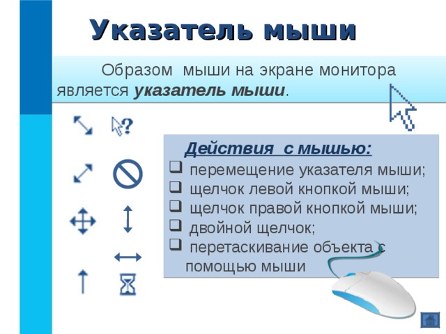Указатель мыши  Образом мыши на экране монитора является указатель мыши .  Действия с мышью:  перемещение указателя мыши;  щелчок левой кнопкой мыши;  щелчок правой кнопкой мыши;  двойной щелчок;  перетаскивание объекта с помощью мыши 
