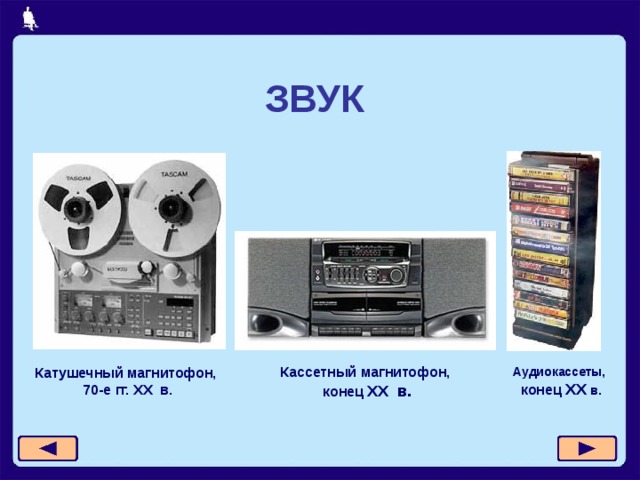 ЗВУК  Кассетный магнитофон,  конец XX в. Катушечный магнитофон,  70-е гг. XX в. Аудиокассеты,   конец XX в. 