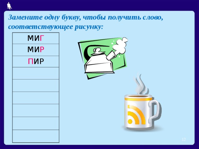 Замените одну букву, чтобы получить слово, соответствующее рисунку: МИ Г МИ Р П ИР  