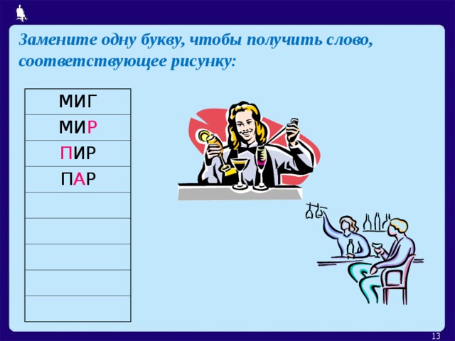 Замените одну букву, чтобы получить слово, соответствующее рисунку: МИГ МИ Р П ИР П А Р  