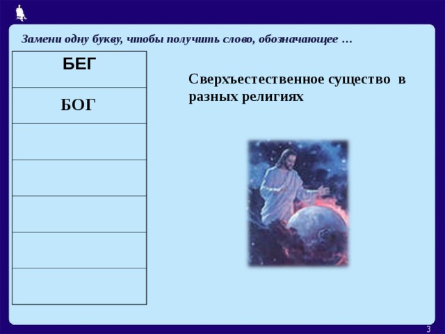Замени одну букву, чтобы получить слово, обозначающее … БЕГ Сверхъестественное существо в разных религиях БОГ  