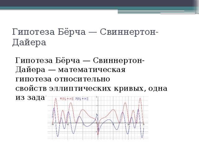 Гипотеза Бёрча — Свиннертон-Дайера Гипотеза Бёрча — Свиннертон-Дайера — математическая гипотеза относительно свойств эллиптических кривых, одна из задач тысячелетия 