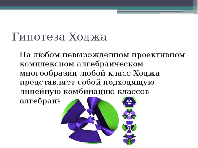 Гипотеза Ходжа На любом невырожденном проективном комплексном алгебраическом многообразии любой класс Ходжа представляет собой подходящую линейную комбинацию классов алгебраических циклов 