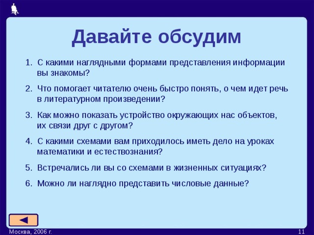 Давайте обсудим С какими наглядными формами представления информации вы знакомы? Что помогает читателю очень быстро понять, о чем идет речь в литературном произведении? Как можно показать устройство окружающих нас объектов, их связи друг с другом? С какими схемами вам приходилось иметь дело на уроках математики и естествознания? Встречались ли вы со схемами в жизненных ситуациях? Можно ли наглядно представить числовые данные?  Москва, 2006 г.  