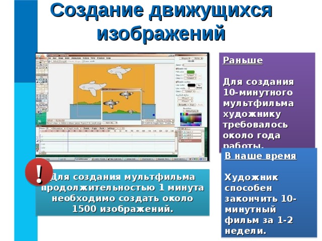 Создание движущихся изображений Раньше  Для создания 10-минутного мультфильма художнику требовалось около года работы. В наше время  Художник способен закончить 10-минутный фильм за 1-2 недели. ! Для создания мультфильма продолжительностью 1 минута необходимо создать около 1500 изображений. 