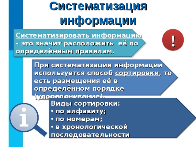 Систематизация информации Систематизировать информацию – это значит расположить её по определённым правилам. ! При систематизации информации используется способ сортировки , то есть размещения её в определённом порядке ( упорядочивание ). Виды сортировки:  по алфавиту;  по номерам;  в хронологической последовательности 