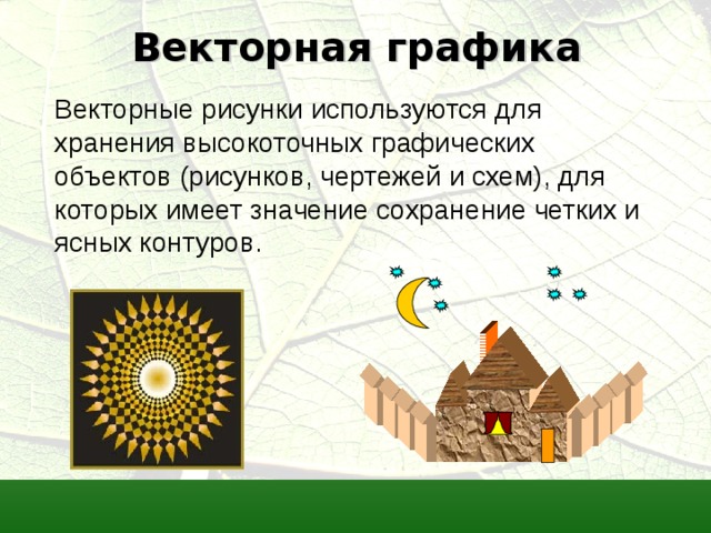 Векторная графика Векторные рисунки используются для хранения высокоточных графических объектов (рисунков, чертежей и схем), для которых имеет значение сохранение четких и ясных контуров. 