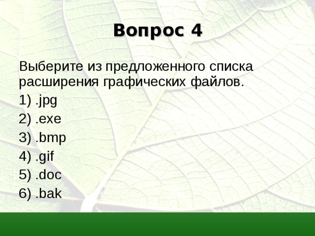 Вопрос 4 Выберите из предложенного списка расширения графических файлов. 1) . jpg 2) . exe 3) . bmp 4) . gif 5) . doc 6) . bak 