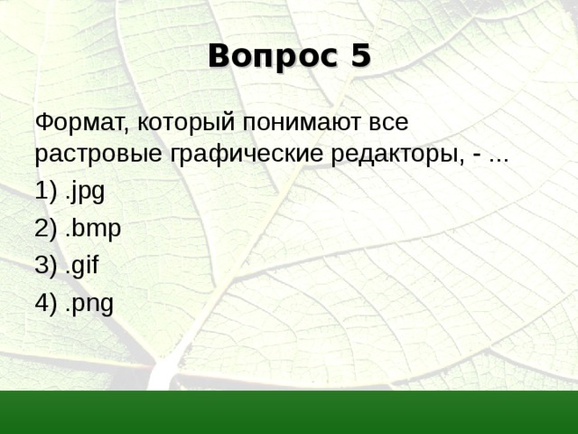 Вопрос 5 Формат, который понимают все растровые графические редакторы, - ... 1) . jpg 2) . bmp  3) . gif 4) . png 
