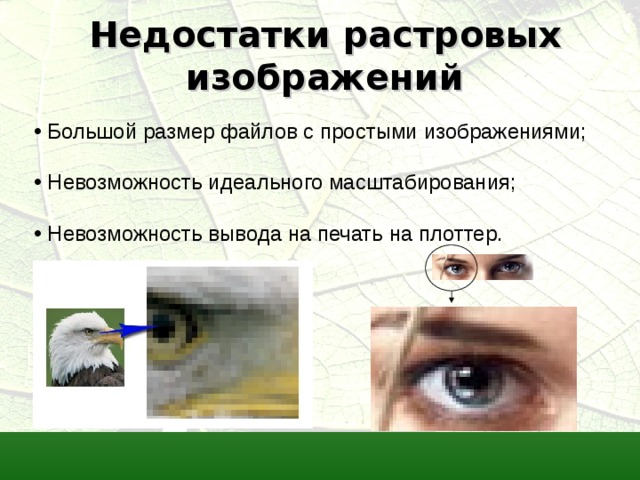 Недостатки растровых изображений  Большой размер файлов с простыми изображениями;  Невозможность идеального масштабирования;  Невозможность вывода на печать на плоттер. 