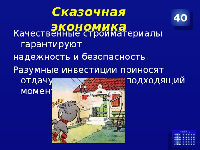 Сказочная экономика 40 Качественные стройматериалы гарантируют надежность и безопасность. Разумные инвестиции приносят отдачу и признание в подходящий момент.   