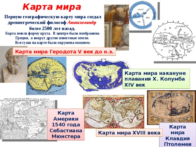 Карта мира Первую географическую карту мира создал древнегреческий философ Анаксимандр более 2500 лет назад. Карта имела форму круга. В центре была изображена Греция, а вокруг другие известные земли. Вся суша на карте была окружена океаном. Карта мира  Геродота V век до н.э. Карта мира накануне плавания Х. Колумба XIV век Карта Америки 1540 года Себастиана Мюнстера Карта мира Клавдия Птолемея II век до н.э. Карта мира XVIII века 