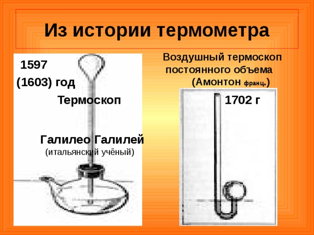 Из истории термометра Воздушный термоскоп  постоянного объема  (Амонтон франц .)  1597 (1603) год  Термоскоп   Галилео Галилей  (итальянский учёный)    1702 г  