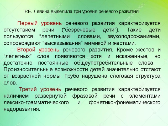 Р.Е. Левина выделила три уровня речевого развития:   Первый уровень речевого развития характеризуется отсутствием речи (“безречевые дети”). Такие дети пользуются “лепетными” словами, звукоподрожаниями, сопровождают “высказывания” мимикой и жестами.   Второй уровень речевого развития. Кроме жестов и “лепетных” слов появляются хотя и искаженные, но достаточно постоянные общеупотребительные слова. Произносительные возможности детей значительно отстают от возрастной нормы. Грубо нарушена слоговая структура слов.  Третий уровень речевого развития характеризуется наличием развернутой фразовой речи с элементами лексико-грамматического и фонетико-фонематического недоразвития. 