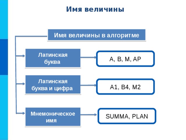 Имя величины Имя величины в алгоритме Латинская буква A, B, M, AP Латинская буква и цифра A1, B4, M2 Мнемоническое имя SUMMA, PLAN 