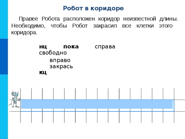Робот в коридоре Правее Робота расположен коридор неизвестной длины. Необходимо, чтобы Робот закрасил все клетки этого коридора . нц пока справа свободно  вправо  закрась кц 