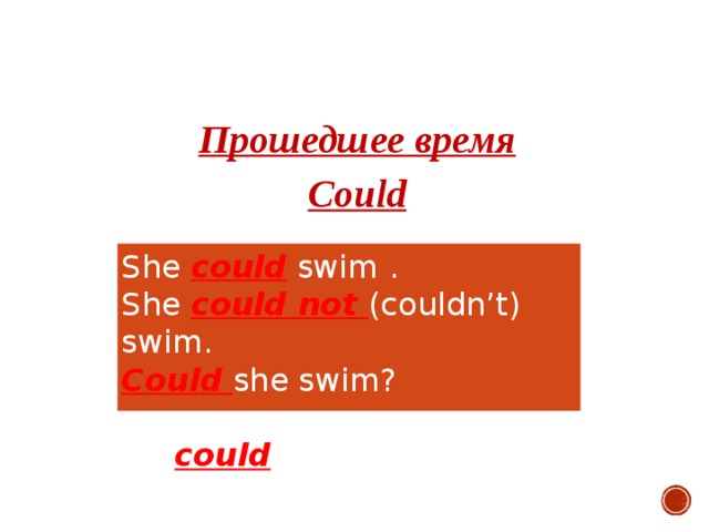 Прошедшее время Could She could swim . She could not (couldn’t) swim. Could she swim? He could drive a car. 