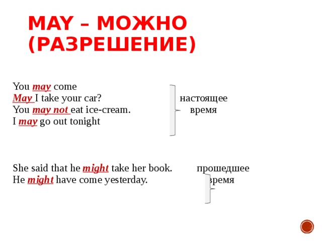 MAY – МОЖНО (РАЗРЕШЕНИЕ) You may come May I take your car? настоящее You may not eat ice-cream. время I may go out tonight She said that he might take her book.  прошедшее He might have come yesterday. время 
