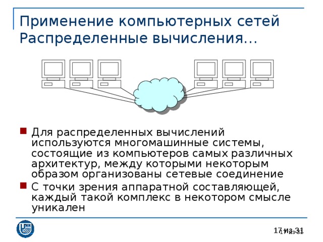 Применение компьютерных сетей  Распределенные вычисления… Для распределенных вычислений используются многомашинные системы, состоящие из компьютеров самых различных архитектур, между которыми некоторым образом организованы сетевые соединение С точки зрения аппаратной составляющей, каждый такой комплекс в некотором смысле уникален 15 из 31 