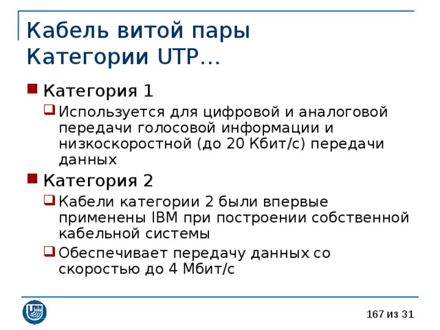 Кабель витой пары  Категории UTP … Категория 1 Используется для цифровой и аналоговой передачи голосовой информации и низкоскоростной (до 20 Кбит /c ) передачи данных Используется для цифровой и аналоговой передачи голосовой информации и низкоскоростной (до 20 Кбит /c ) передачи данных Категория 2 Кабели категории 2 были впервые применены IBM при построении собственной кабельной системы Обеспечивает передачу данных со скоростью до 4 Мбит/с Кабели категории 2 были впервые применены IBM при построении собственной кабельной системы Обеспечивает передачу данных со скоростью до 4 Мбит/с 