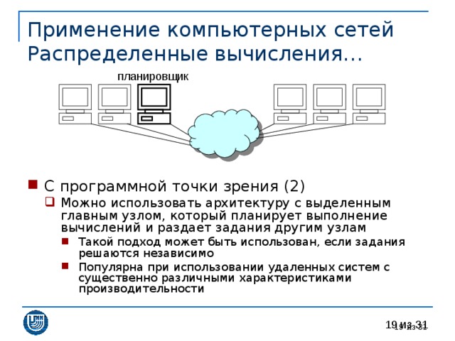 Применение компьютерных сетей  Распределенные вычисления… С программной точки зрения (2) Можно использовать архитектуру с выделенным главным узлом, который планирует выполнение вычислений и раздает задания другим узлам Такой подход может быть использован, если задания решаются независимо Популярна при использовании удаленных систем с существенно различными характеристиками производительности Можно использовать архитектуру с выделенным главным узлом, который планирует выполнение вычислений и раздает задания другим узлам Такой подход может быть использован, если задания решаются независимо Популярна при использовании удаленных систем с существенно различными характеристиками производительности Такой подход может быть использован, если задания решаются независимо Популярна при использовании удаленных систем с существенно различными характеристиками производительности 18 из 31 