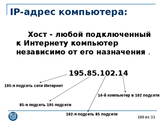IP-адрес компьютера:  Хост - любой подключенный к Интернету компьютер независимо от его назначения   195.85.102.14 195-я подсеть сети Интернет 14-й компьютер в 102 подсети 85-я подсеть 195 подсети 102-я подсеть 85 подсети 