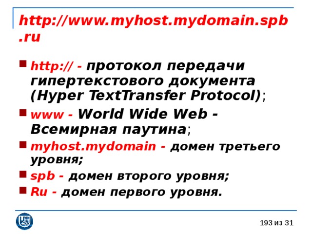 http://www.myhost.mydomain.spb.ru http:// - протокол передачи гипертекстового документа (Hyper TextTransfer Protocol) ; www - World Wide Web - Всемирная паутина ; myhost.mydomain - домен третьего уровня; spb - домен второго уровня; Ru - домен первого уровня.   