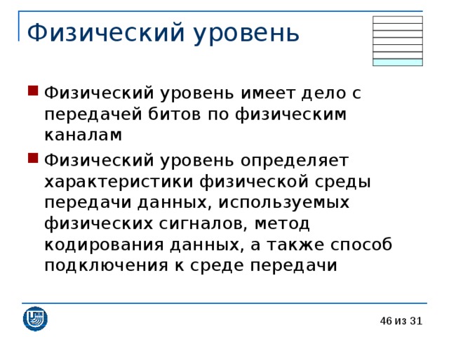 Физический уровень имеет дело с передачей битов по физическим каналам Физический уровень определяет характеристики физической среды передачи данных, используемых физических сигналов, метод кодирования данных, а также способ подключения к среде передачи 