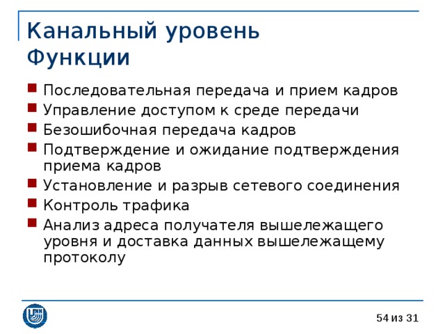 Канальный уровень  Функции Последовательная передача и прием кадров Управление доступом к среде передачи Безошибочная передача кадров Подтверждение и ожидание подтверждения приема кадров Установление и разрыв сетевого соединения Контроль трафика Анализ адреса получателя вышележащего уровня и доставка данных вышележащему протоколу 