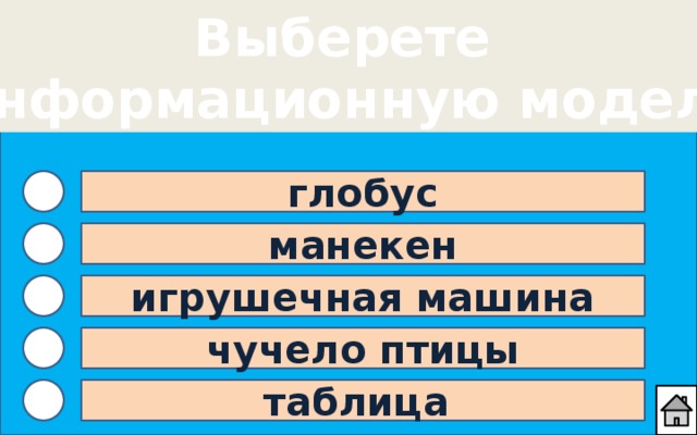 Выберете информационную модель глобус манекен игрушечная машина чучело птицы таблица 