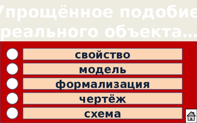 Упрощённое подобие реального объекта… свойство модель формализация чертёж схема 