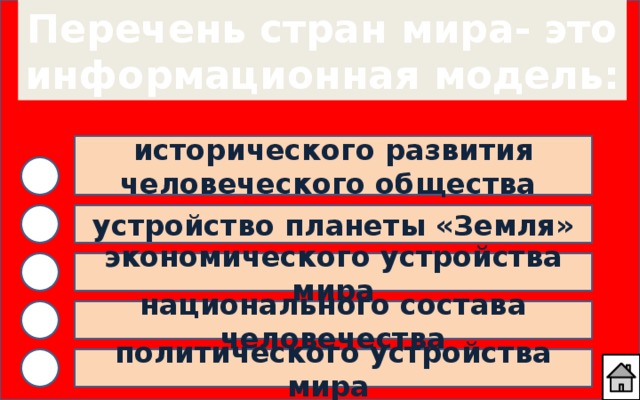 Перечень стран мира- это  информационная модель: исторического развития человеческого общества устройство планеты «Земля» экономического устройства мира национального состава человечества политического устройства мира 