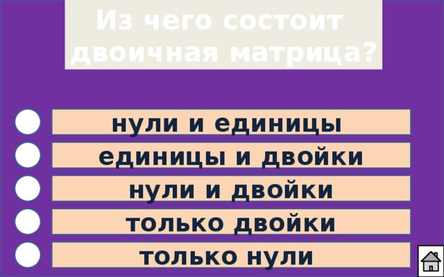 Из чего состоит  двоичная матрица? нули и единицы единицы и двойки нули и двойки только двойки только нули 