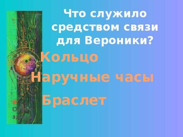 Что служило средством связи для Вероники? Кольцо Наручные часы Браслет Ответ здесь 