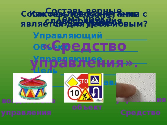 Составь верные словосочетания Какое словосочетание является для тебя новым? Тема урока: Сопоставь название темы с целью урока. Управляющий __________ Объект ________________ Управляющее __________ Цель __________________ ____________ управления «Средство управления». управления воздействие объект Средство управления 