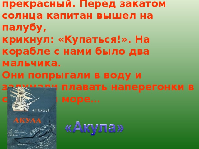 Наш корабль стоял на якоре у берегов Африки. День был прекрасный. Перед закатом солнца капитан вышел на палубу, крикнул: «Купаться!». На корабле с нами было два мальчика. Они попрыгали в воду и задумали плавать наперегонки в открытом море…  