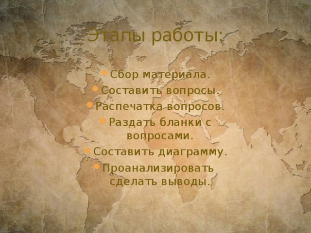 Этапы работы: Сбор материала. Составить вопросы. Распечатка вопросов. Раздать бланки с вопросами. Составить диаграмму. Проанализировать  сделать выводы. 