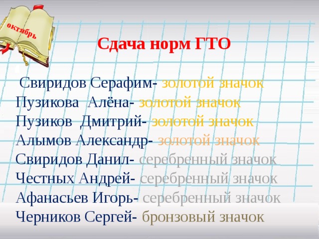    октябрь  Сдача норм ГТО   Свиридов Серафим- золотой значок Пузикова Алёна- золотой значок Пузиков Дмитрий- золотой значок Алымов Александр- золотой значок Свиридов Данил- серебренный значок Честных Андрей- серебренный значок Афанасьев Игорь- серебренный значок Черников Сергей- бронзовый значок     