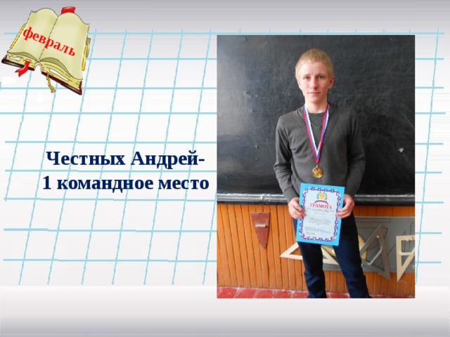 февраль  Честных Андрей-  1 командное место   