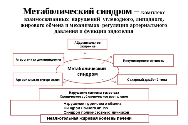 Метаболический синдром – комплекс взаимосвязанных нарушений углеводного, липидного, жирового обмена и механизмов регуляции артериального давления и функции эндотелия Абдоминальное ожирение Атерогенная дислипидемия Инсулинорезистентность Метаболический синдром Артериальная гипертензия Сахарный диабет 2 типа  Нарушение системы гемостаза Хроническое субклиническое воспаление   Нарушения пуринового обмена  Синдром ночного апноэ  Синдром поликистозных яичников Неалкогольная жировая болезнь печени 