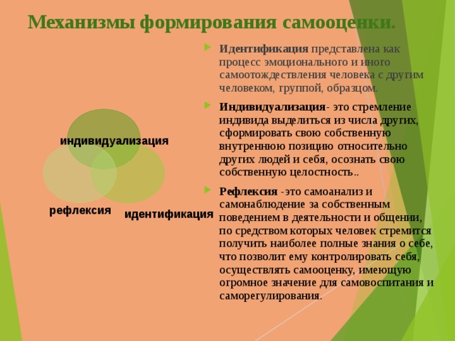 Механизмы формирования самооценки. Идентификация представлена как процесс эмоционального и иного самоотождествления человека с другим человеком, группой, образцом. Индивидуализация - это стремление индивида выделиться из числа других, сформировать свою собственную внутреннюю позицию относительно других людей и себя , осознать свою собственную целостность .. Рефлексия -это самоанализ и самонаблюдение за собственным поведением в деятельности и общении , по средством которых человек стремится получить наиболее полные знания о себе, что позвол ит ему контролировать себя, осуществлять самооценку, имеющую огромное значение для самовоспитания и саморегулирования. индивидуализация рефлексия идентификация 