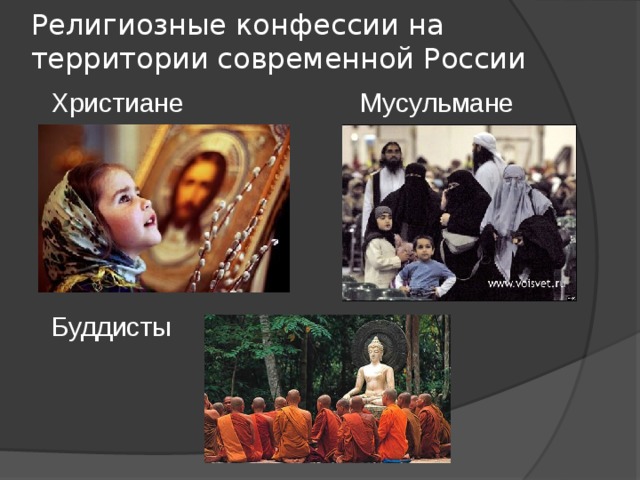 Религиозные конфессии на территории современной России  Христиане Мусульмане  Буддисты 