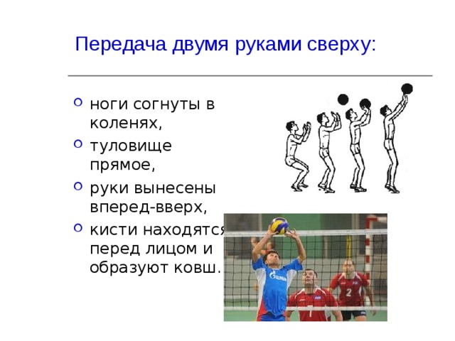 Передача двумя руками сверху:  ноги согнуты в коленях, туловище прямое, руки вынесены вперед-вверх, кисти находятся перед лицом и образуют ковш. 