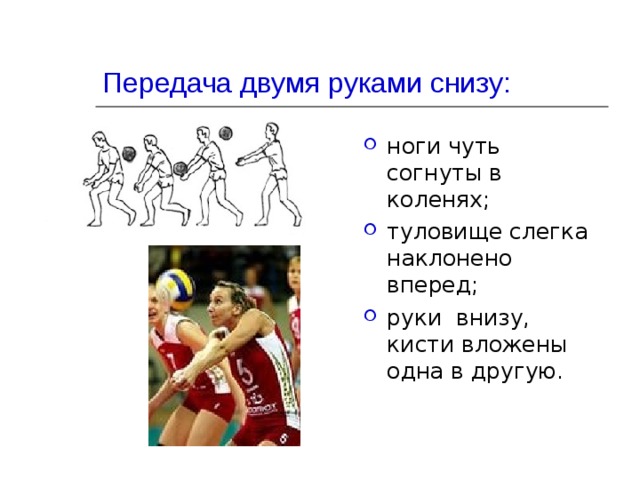 Передача двумя руками снизу:   ноги чуть согнуты в коленях; туловище слегка наклонено вперед; руки внизу, кисти вложены одна в другую. 